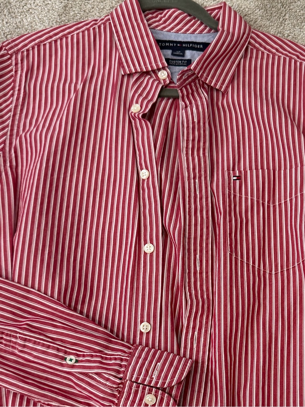 Tommy Hilfiger Red and White Striped Button-Down Shirt